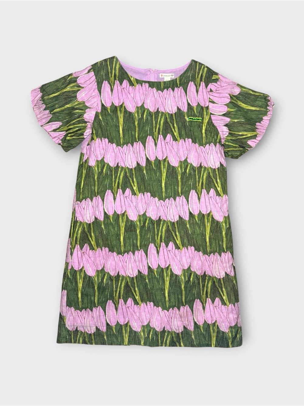 Crewcuts Tulip Pattern Allover Bubble Sleeve Pink & Green Linen Dress